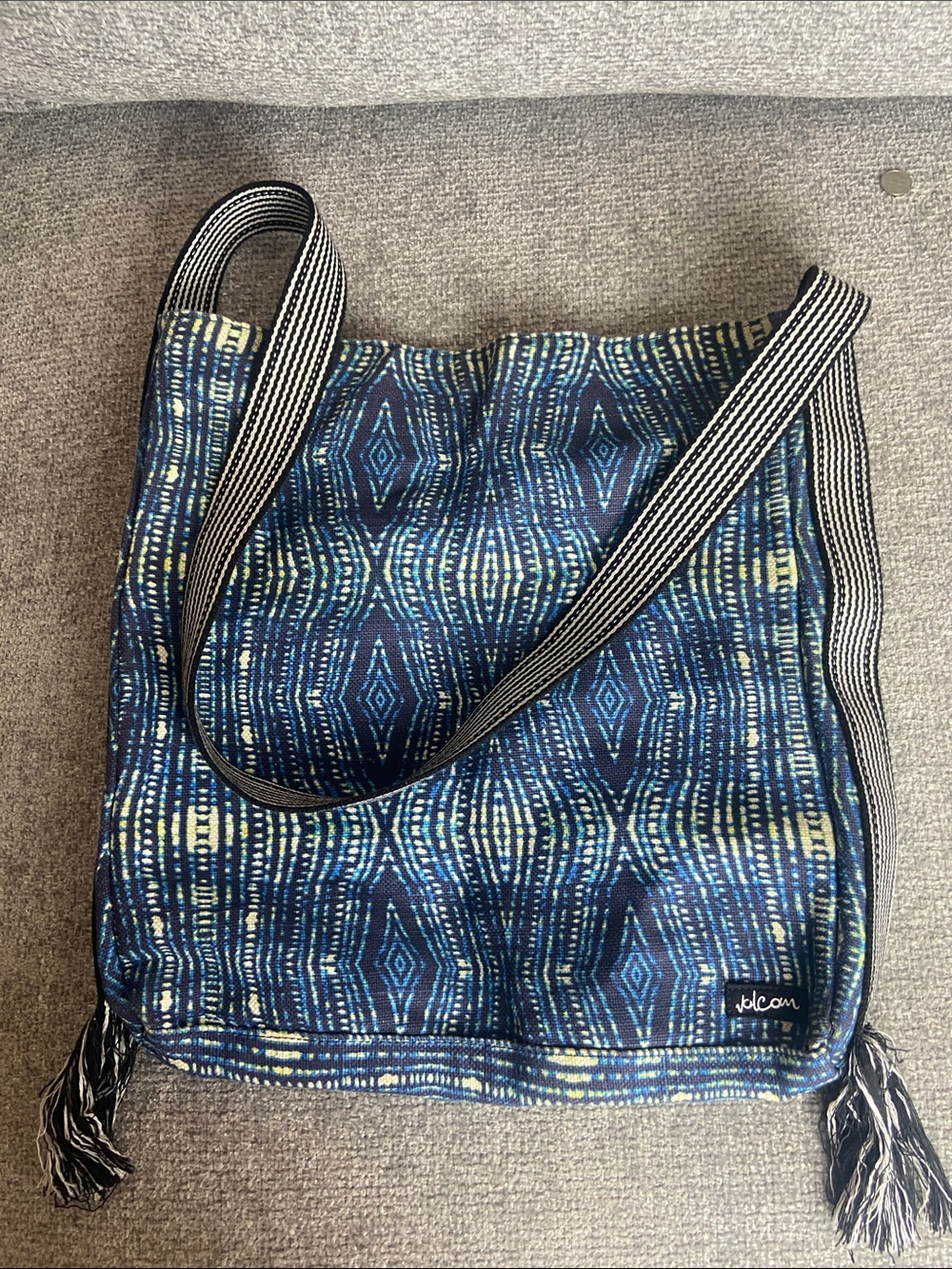Volcom Navy Blue Patterned Canvas Crossbody Bag with Tassels 14x14 in.